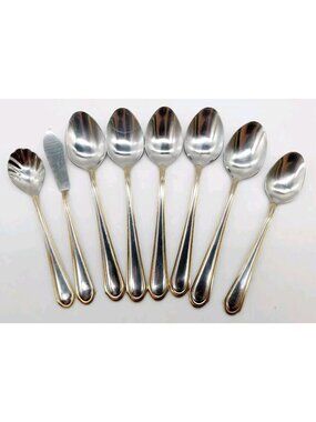 Cambridge Stainless China Flatware Gold Accents Lot Of 8 Spoons Butter Knife Etc